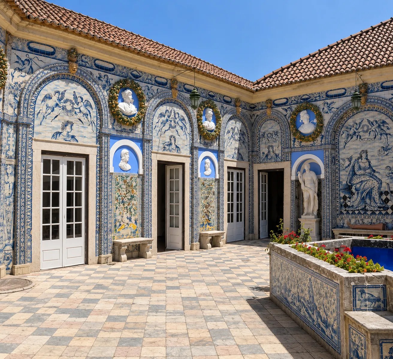 The tiled courtyard of Palácio Fronteira in Lisbon: blue-and-white azulejo walls with busts in wreathed medallions, white French doors, a marble statue and a red-tiled roof under a clear sky